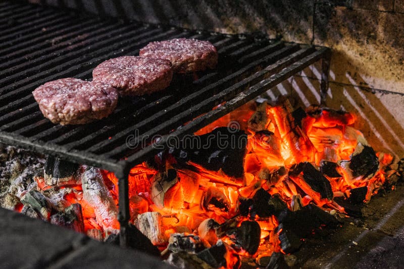 Grilled Hamburgers on Charcoal Coals. Stock Image Image of fire