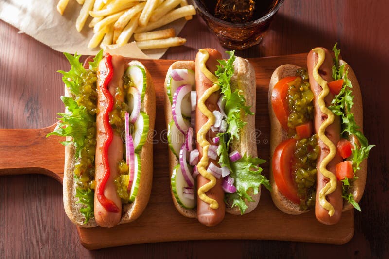 Grilled Hot Dogs with Vegetables Ketchup Mustard Stock Image Image of