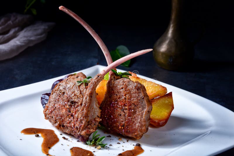 Grilled Lamb Chops with Potatoes Stock Photo Image of cooked, chop
