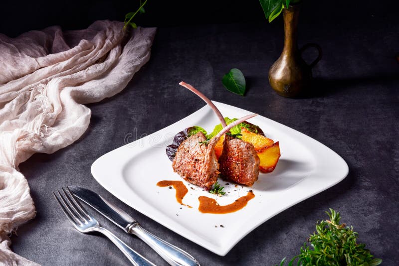 Grilled Lamb Chops with Potatoes Stock Photo Image of grill, food