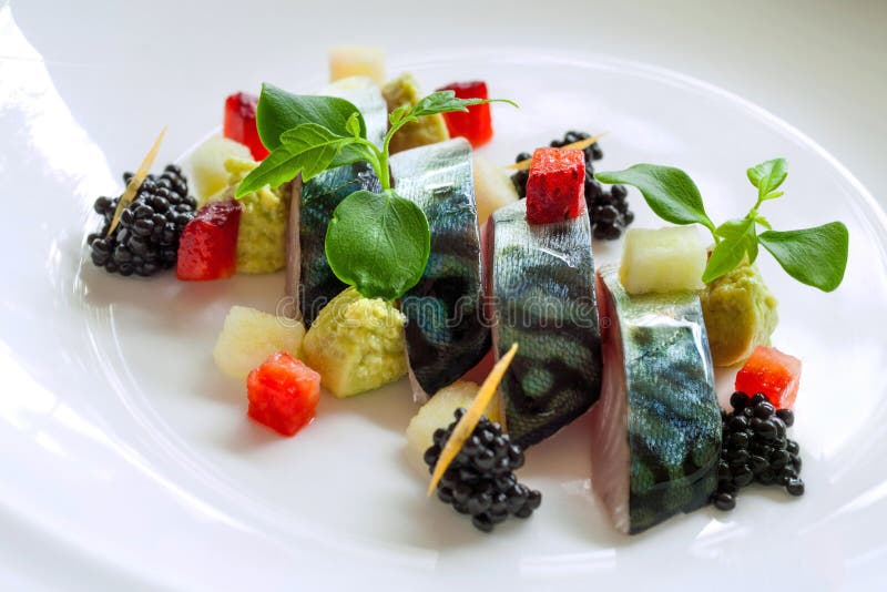 Grilled Mackerel Fish with Blackberries. Stock Photo Image of