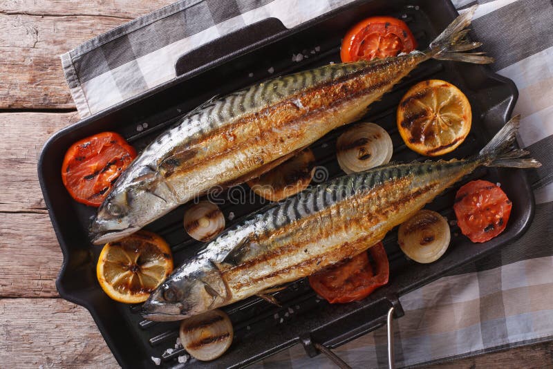 Grilled Mackerel in Grill Pan Closeup. Horizontal Top View Stock Image