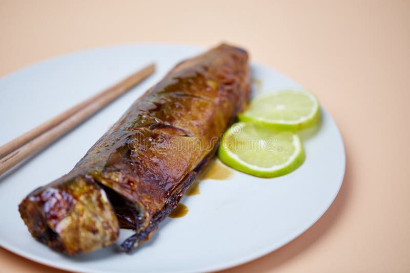 Grilled Mackerel Japanese Style on Beige Background Stock Photo Image