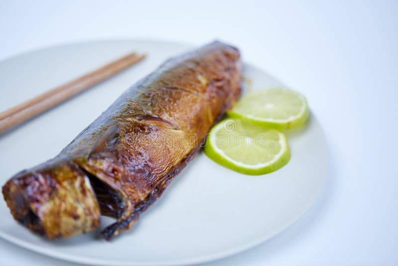 Grilled Mackerel Japanese Style on White Background Stock Photo Image