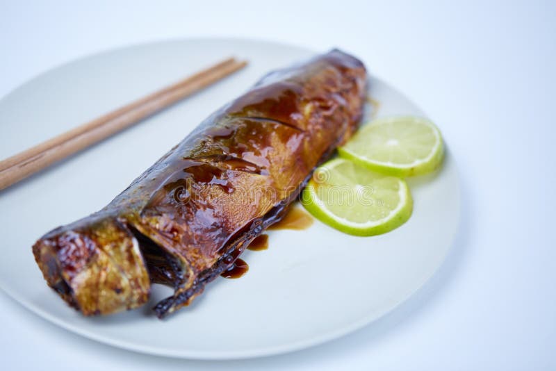 Grilled Mackerel Japanese Style on White Background Stock Photo Image