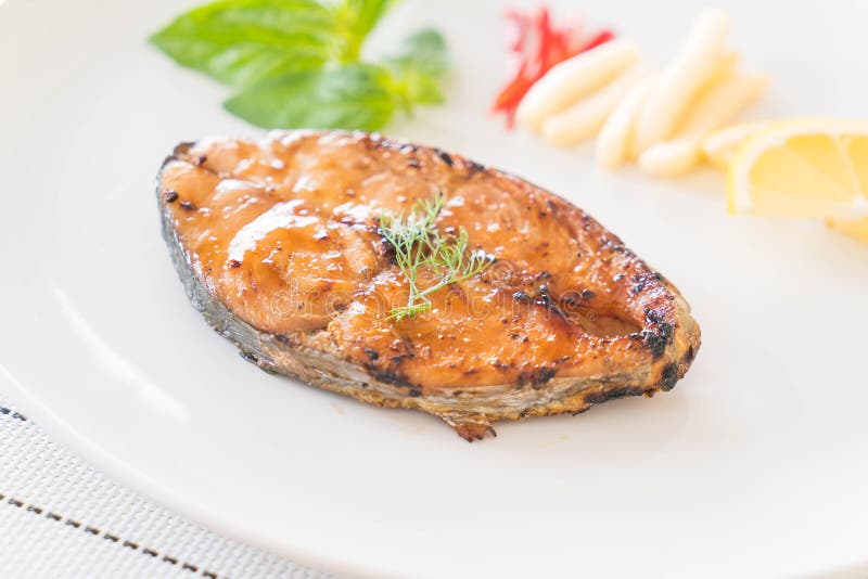 Grilled mackerel steak stock photo. Image of dinner, basil - 91433392