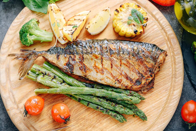 Grilled Mackerel with Vegetables Stock Photo Image of cook