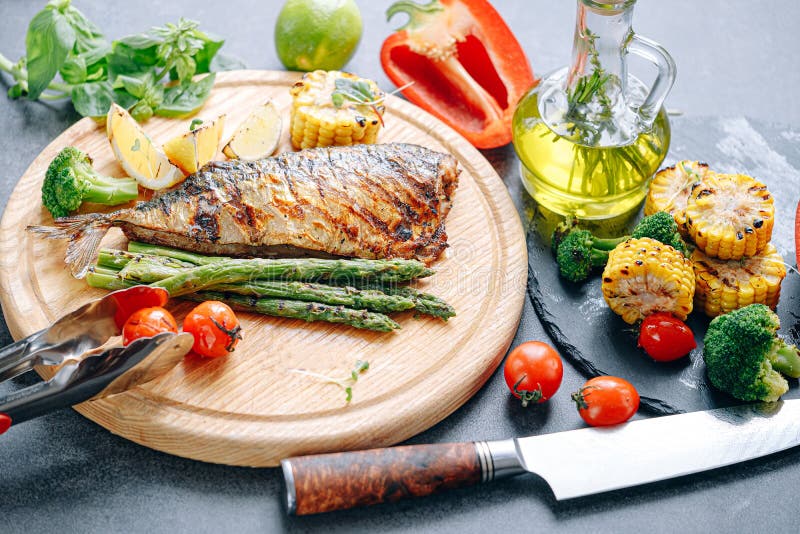 Grilled Mackerel with Vegetables Stock Image Image of cuisine