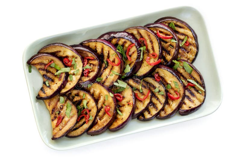 Grilled Marinated Eggplant Slices Isolated on White Stock Photo Image