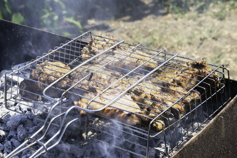 Grilled Meat on a Charcoal Grill. Embers Smoke Ash Stock Image Image