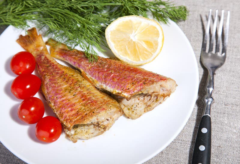 Grilled Mediterranean Red Mullet Fish Stock Image Image of garlic