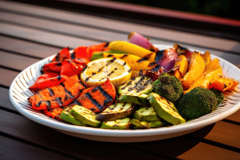 Grilled mixed veggies on a disposable plate for bbq royalty free illustration