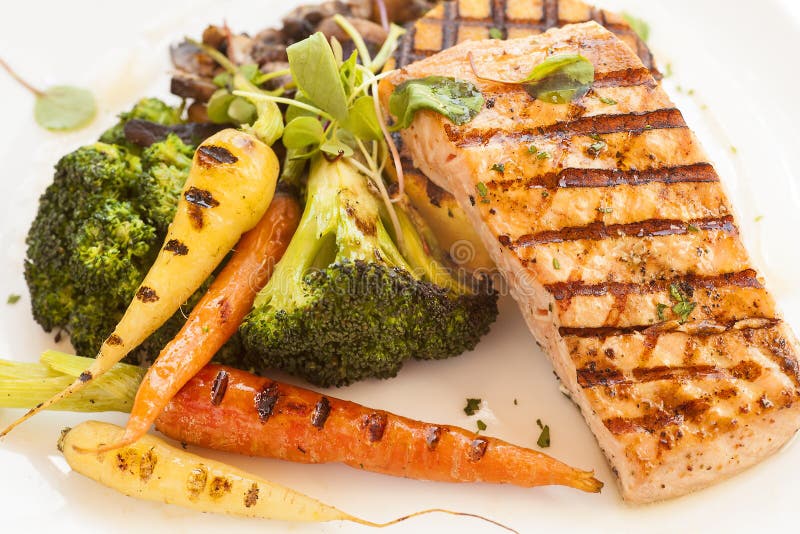 Grilled Pacific Coast salmon with grilled vegetables