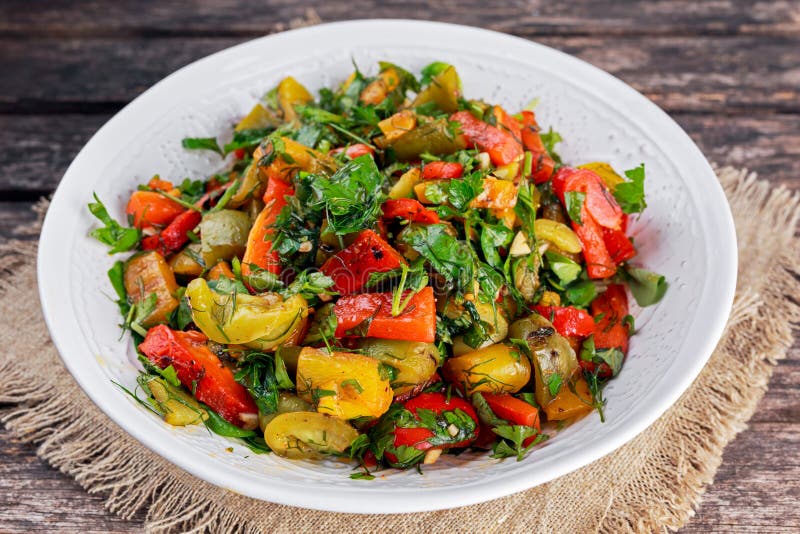 Grilled Paprika Salad with Fresh Parsley and Basil Stock Photo Image