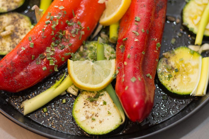 Grilled Paprika with a Touch of Garlic and Lemon Preparation Stock ...