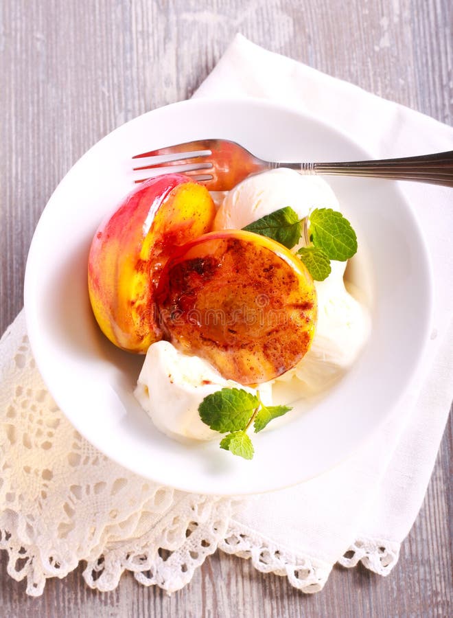 Grilled Peaches and Ice Cream Dessert Stock Photo Image of fruit