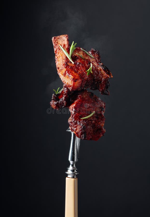 Grilled Pork Belly with Rosemary on a Fork Stock Photo Image of