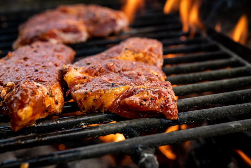 Grilled Pork with Flames on Barbecue Stock Image - Image of grilling ...