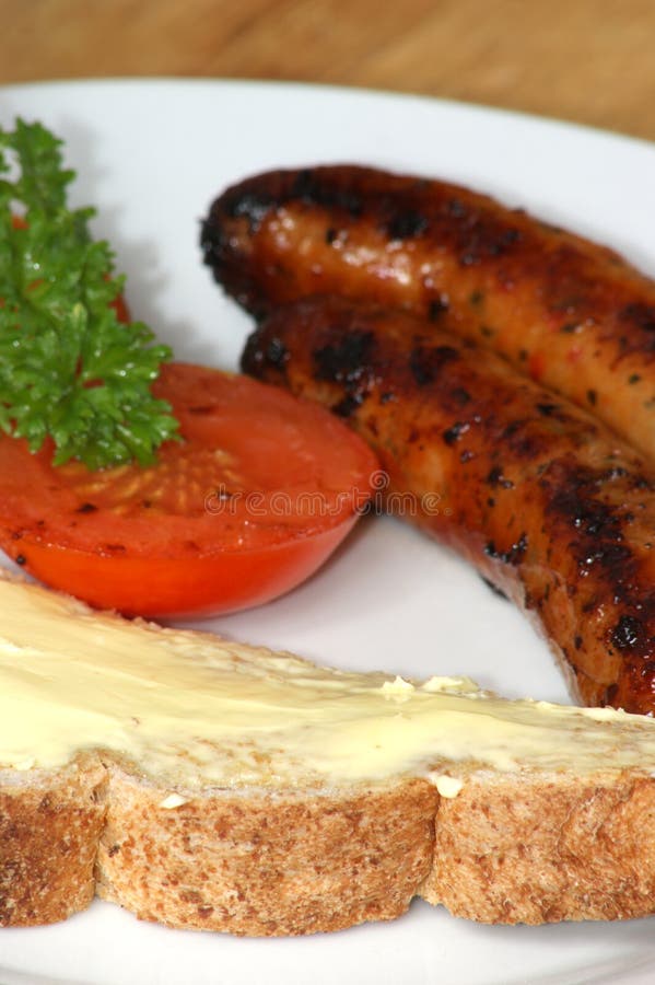 Grilled Pork Sausages, Tomato and Toast Bread Stock Image Image of