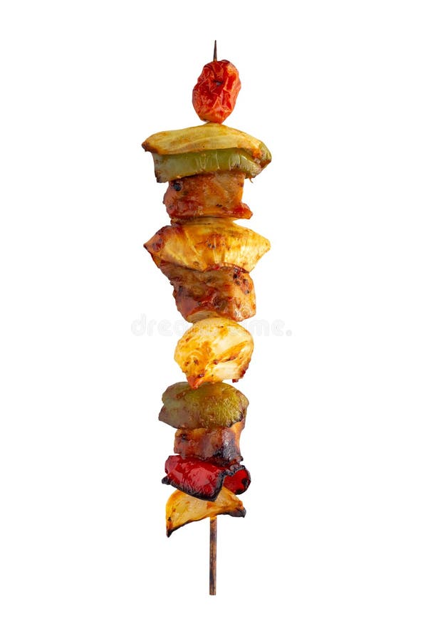 Grilled pork skewer and vegetables barbecue isolated on white background. Roasted skewer grill stock images, royalty-free photos and pictures
