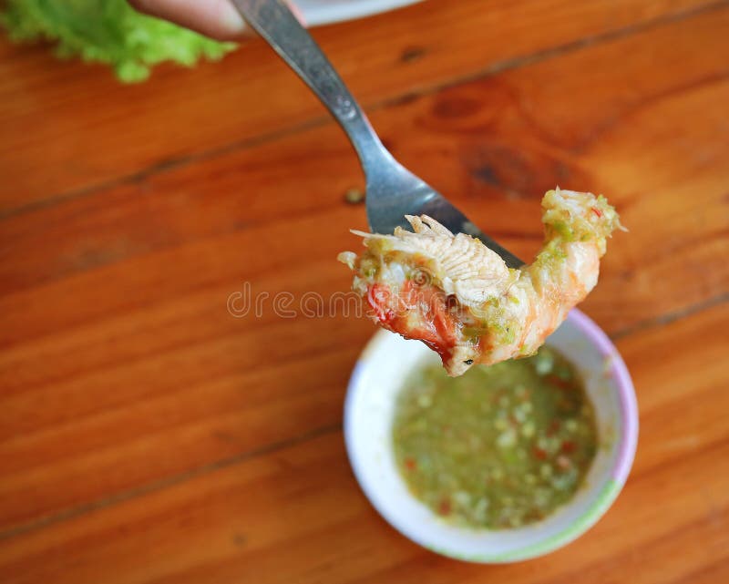 Grilled Prawns with Spicy Sauce on Wood Table Stock Image Image of