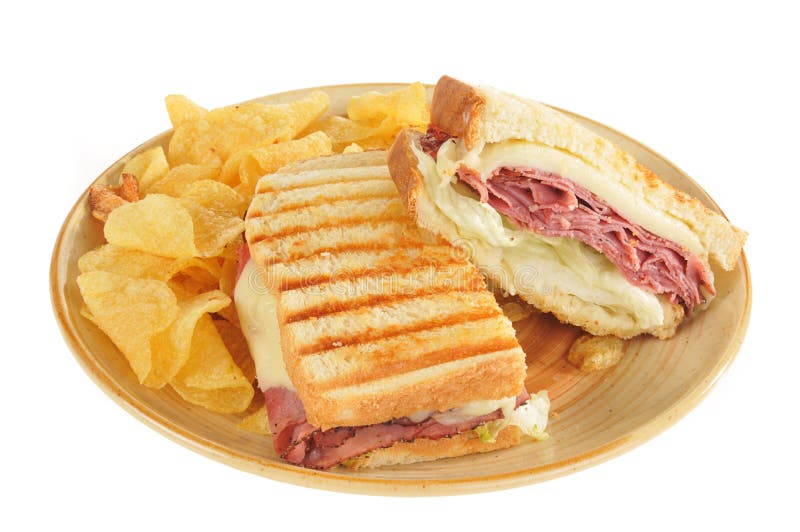 Grilled Roast Beef and Panini Sandwich and Chips Stock Image Image of