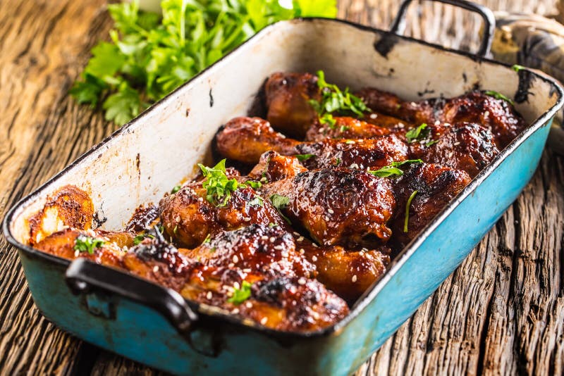Grilled Roasted and Barbecue Chicken Legs in Pan Stock Image Image of