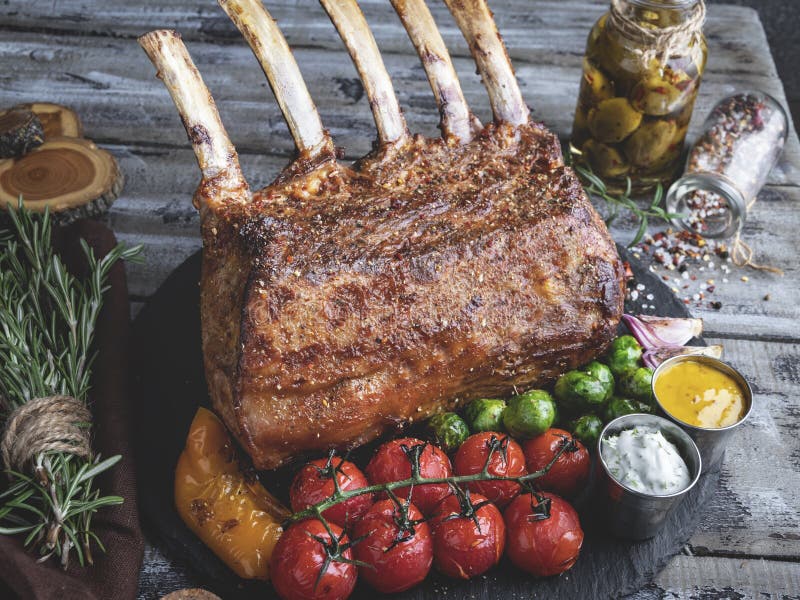 Grilled Roasted Rack of Lamb Chops with Vegetables Stock Image Image
