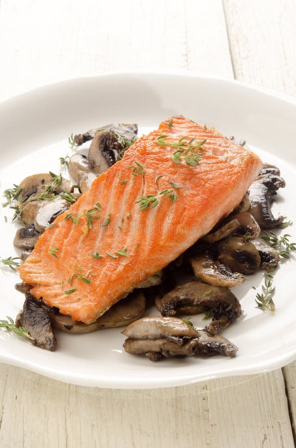 Grilled Salmon Fillet with Mushroom on a Plate Stock Image Image of fresh, thyme 56392305