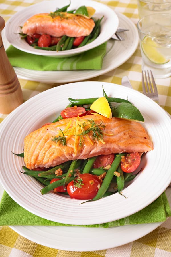 Salmon with Green Beans and Tomatoes Stock Photo Image of dish