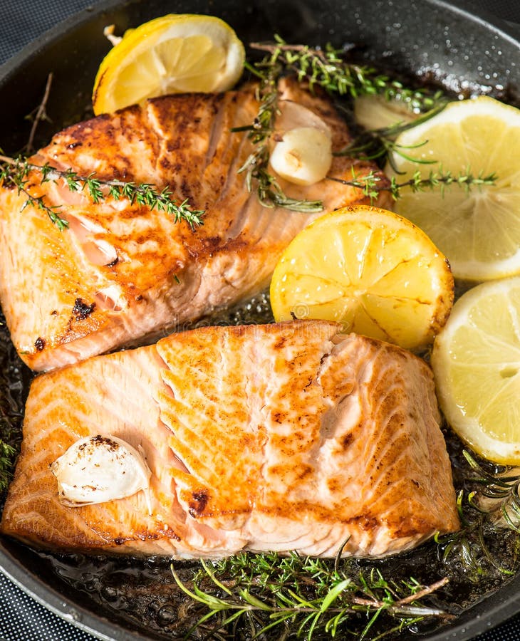 Grilled Salmon with Herbs, Garlic and Lemon. FIsh Food Stock Image ...