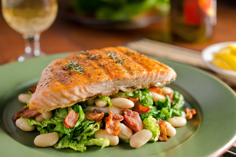 Grilled Salmon with Kale, White Beans, and Bacon