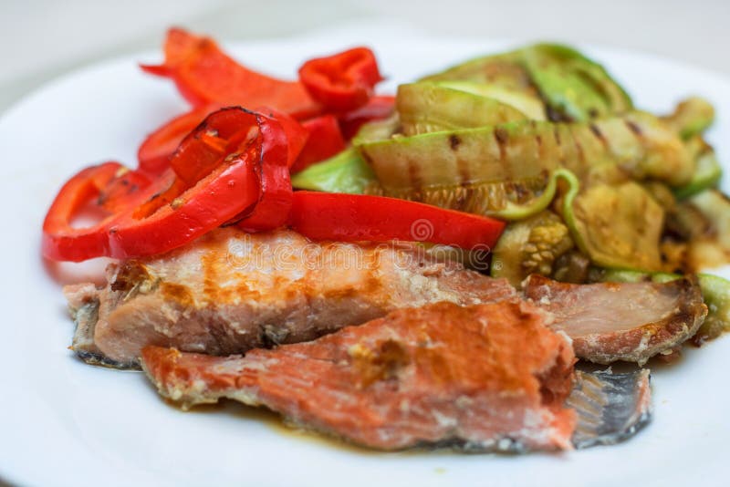 Grilled Salmon and Mixed Vegetable Stock Image Image of tasty, plate