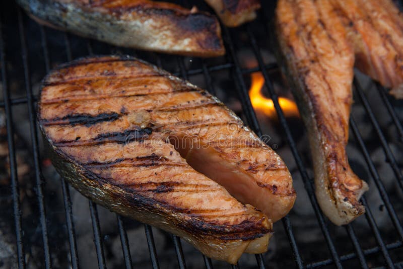 Grilled Salmon Red Fish Steaks on the Flaming Grill Stock Photo Image of delicious, flame