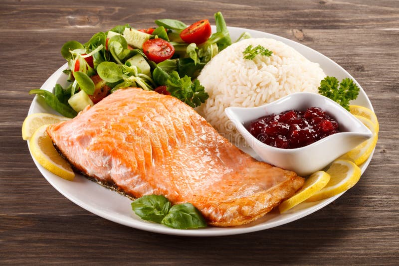 Grilled Salmon, Rice and Vegetables Stock Photo - Image of cuisine