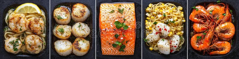 Grilled Salmon Sear Scallops Shrimp Scampi och Seafood Pasta A Delicious Culinary Svariant stock illustrationer
