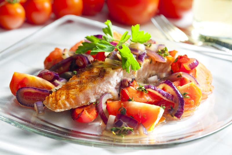 Grilled salmon with vegetables. Inside, indoor, indoors, interior, interiors, gastronomy, cuisine, foodstuff, aliment, aliments, meal, meals, alimentation stock photos Grilled salmon with vegetables. Inside, indoor, indoors, interior, interiors, gastronomy, cuisine, foodstuff, aliment, aliments, meal, meals, alimentation stock photos