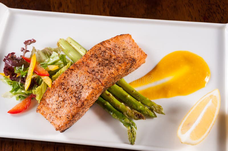 Grilled Salmon With Chips And Vegetables Stock Image Image of food