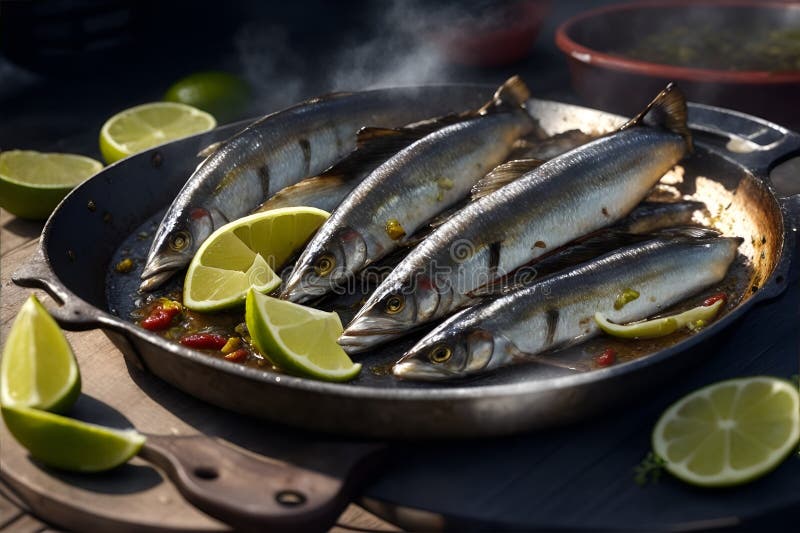 Grilled Sardines with Thyme Chili and Lime. Generative AI Stock Image