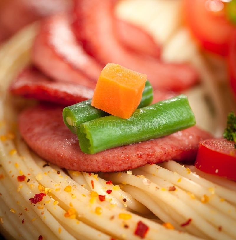 Grilled Sausage with Pasta, Vegetables Stock Image Image of spice, diet 28453437