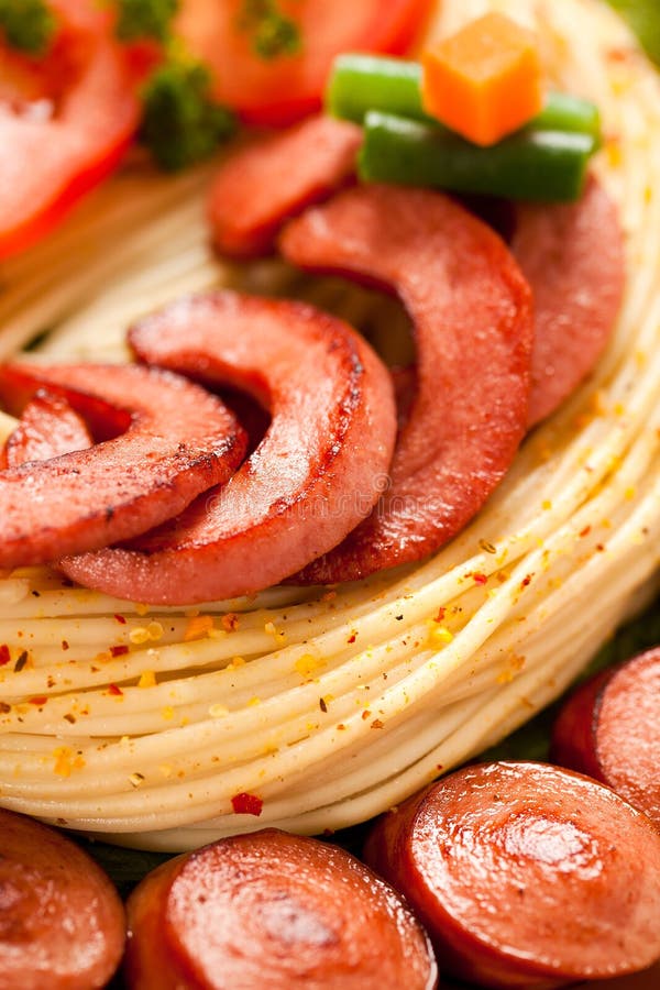 Grilled Sausage with Pasta, Vegetables Stock Image Image of food, taste 28459293