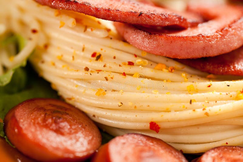 Grilled Sausage with Pasta, Vegetables Stock Photo Image of foodstuff, food 28459382