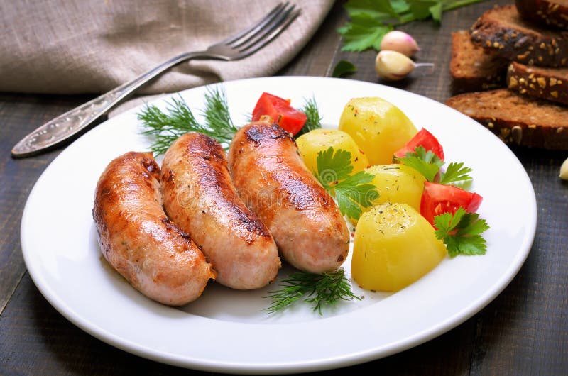 Grilled Sausages and Boiled Potatoes Stock Photo Image of fresh
