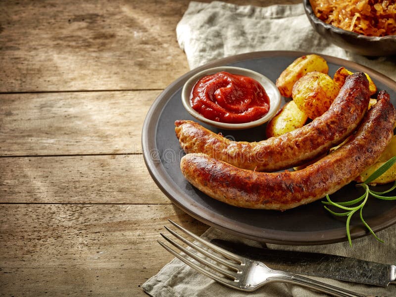 Grilled Sausages on Dark Plate Stock Image Image of grilling, cooked