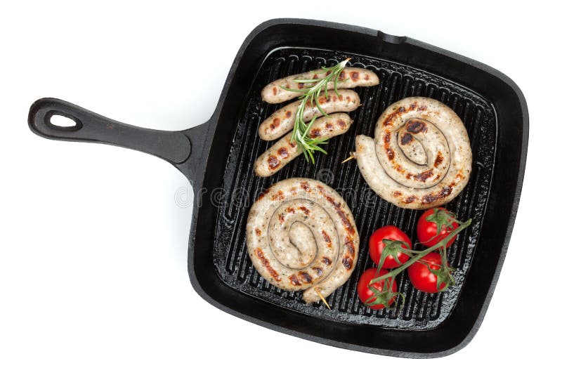 Grilled Sausages on Frying Pan Stock Image Image of studio, bratwurst