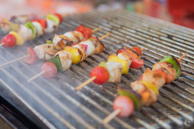 Grilled Scallops Barbecue with Cherry Tomato and Pepper Stock Photo