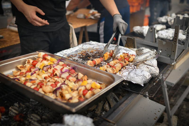 Grilled Scallops Barbecue with Tomato Onion and Lemon Stock Photo