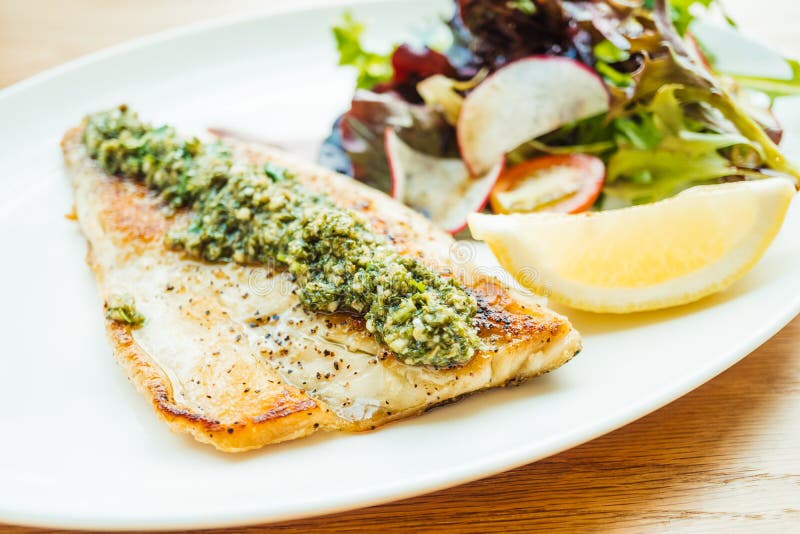 Grilled Sea Bass Fish Meat Steak with Vegetable Stock Image Image of background, fried 97748247