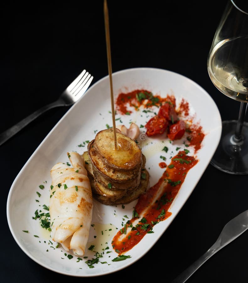 Grilled Seafood Delight with Herb Sauce Stock Photo Image of fish