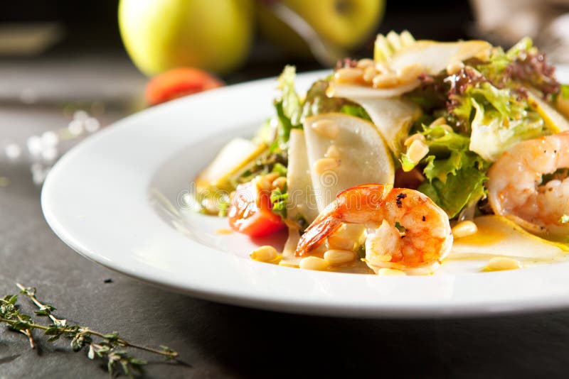 Grilled Shrimp and Pear Salad stock photo